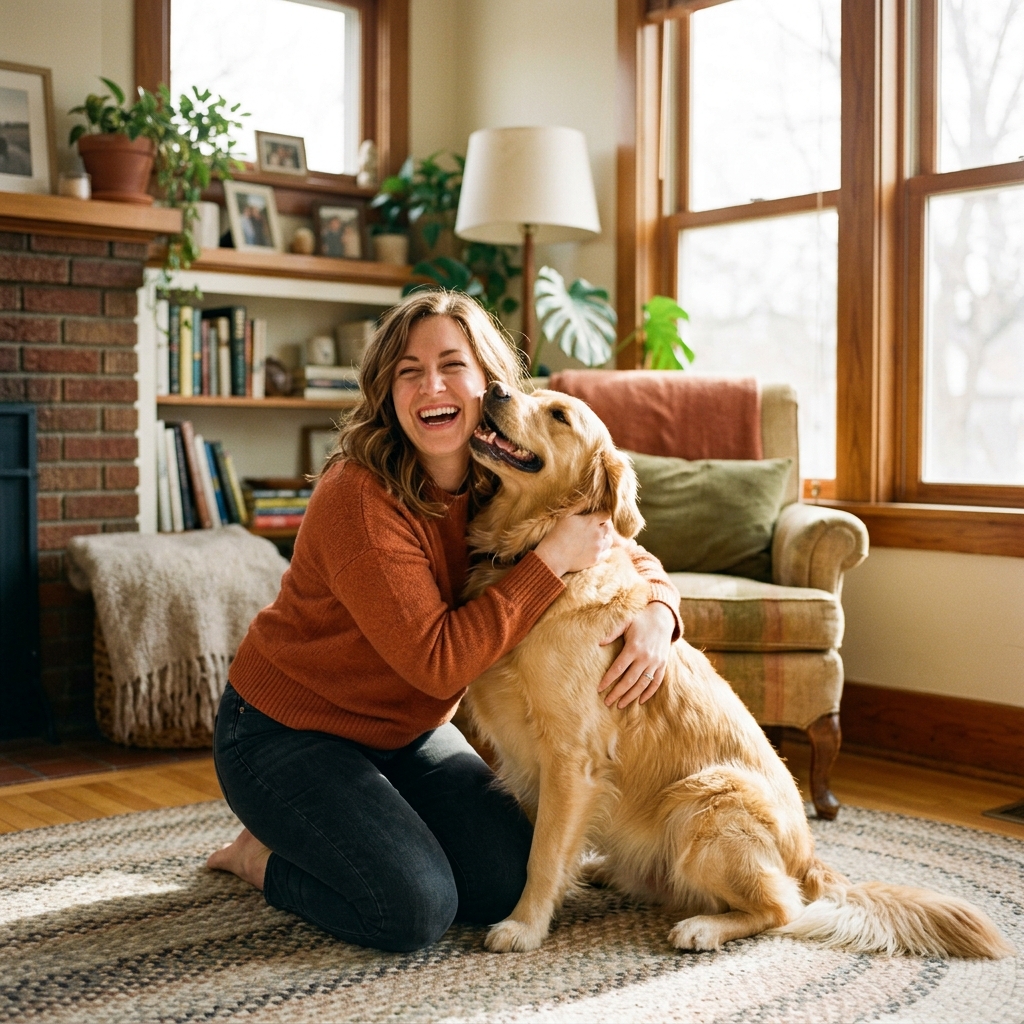 Persona in casa con un cane tranquillo